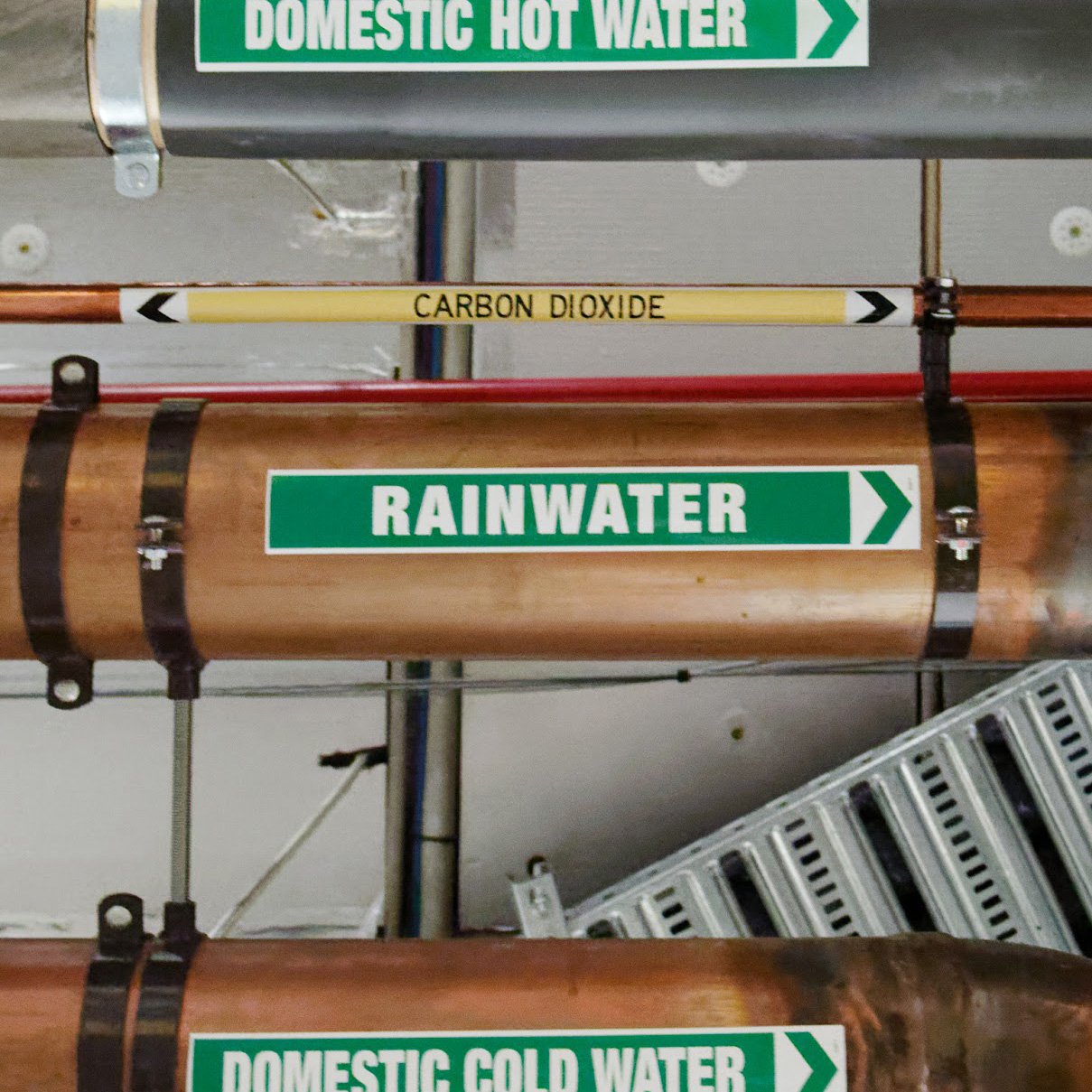 Water pipes labeled domestic water and rainwater